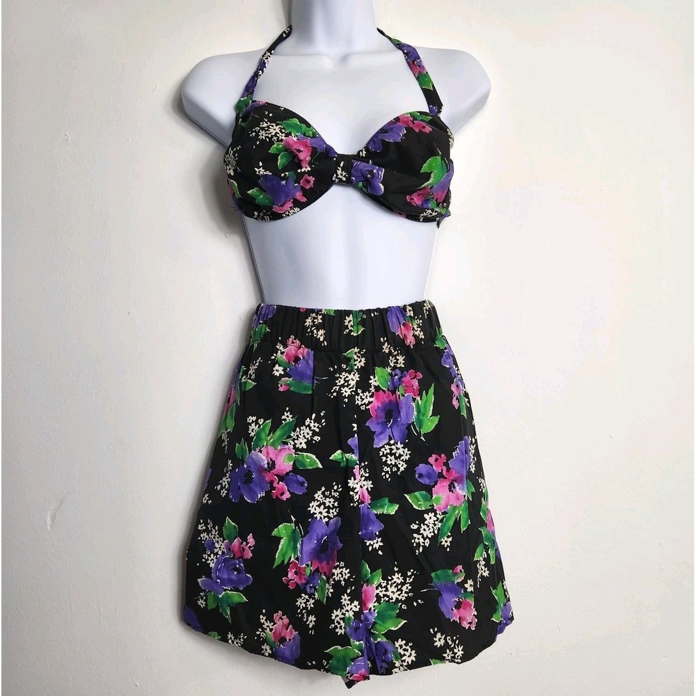 Vintage 80s Ocean View 2 Pc Swimsuit Size 10 Floral Halter Bikini Skirted Shorts